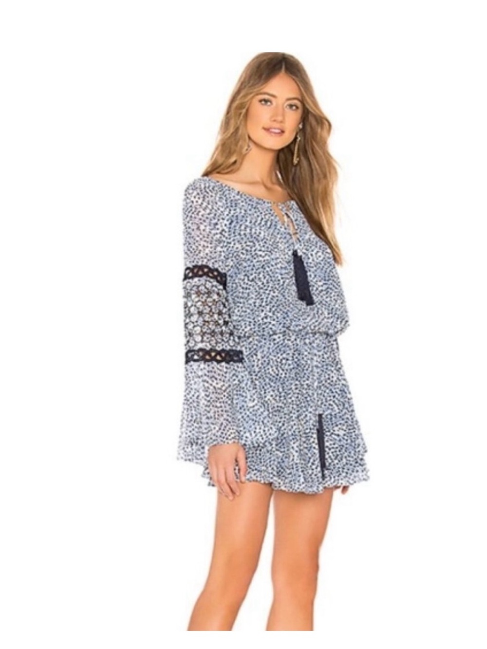 Alexis Blue and White Printed Peasant Top with Tassel Tie